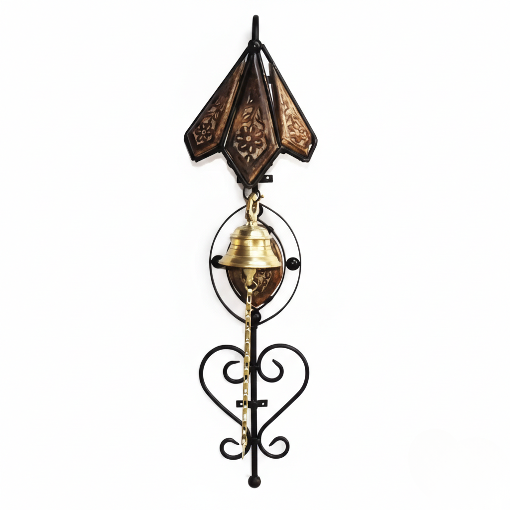 Wooden Iron Doorbell Wall Hanging with Brass Bell Home Decore