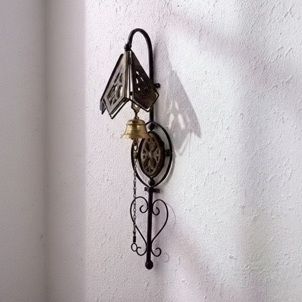 Wooden Iron Doorbell Wall Hanging with Brass Bell Home Decore