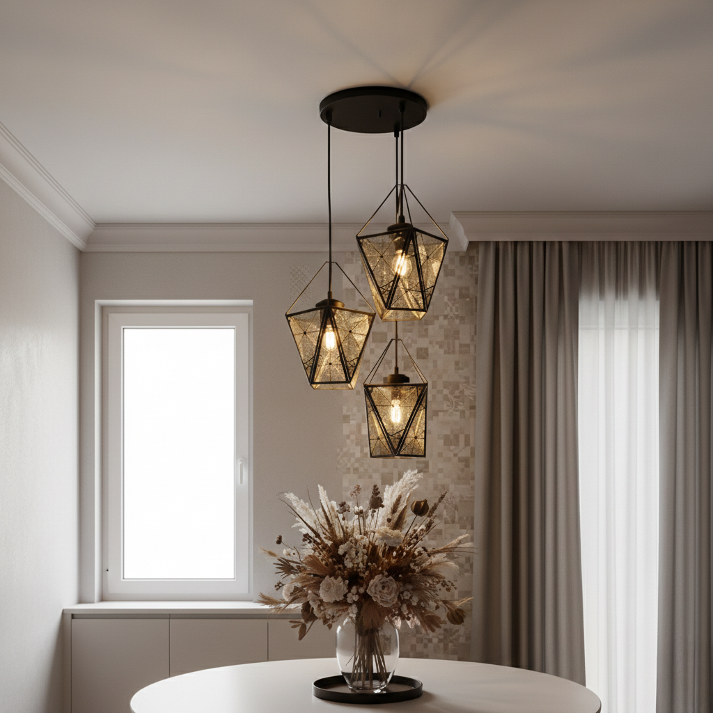 Black Pendant Light – Geometric Pattern Hanging Lamp for Home