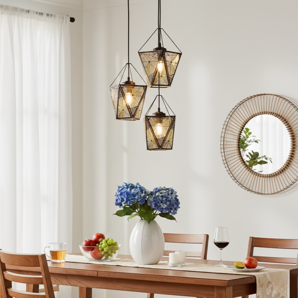 Black Pendant Light – Geometric Pattern Hanging Lamp for Home
