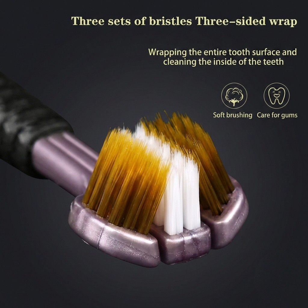 Triple-Sided Soft Bristle Toothbrush with Tongue